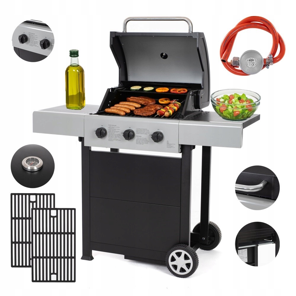 Grill gazowy ogrodowy żeliwny ruszt 3 palniki 7,2kW solidny BlackFlame