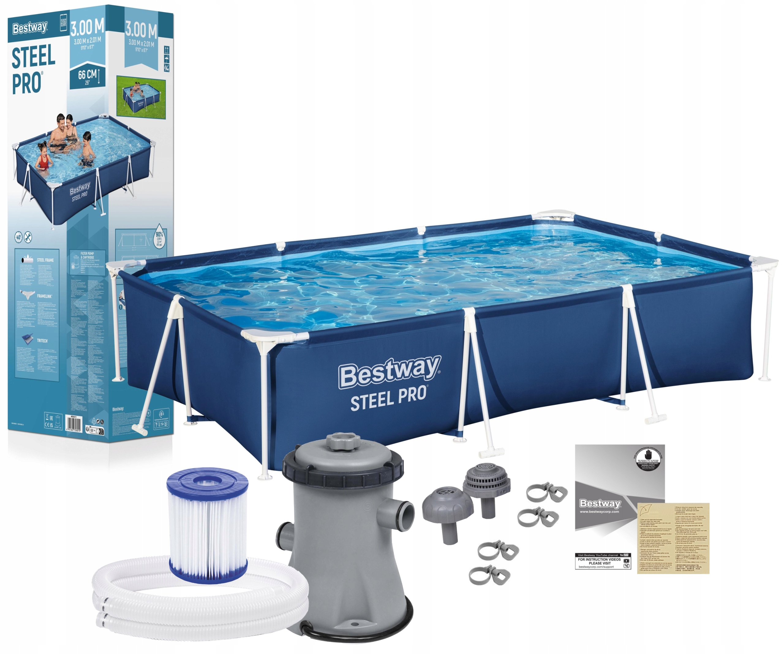 Bestway 56411 Basen Stelażowy Ogrodowy 300x201x66cm Pompa