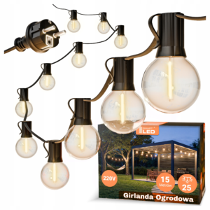 Girlanda Ogrodowa Świetlna 15M 25X Żarówka LED 1W Łańcuch + gratis 2X E12