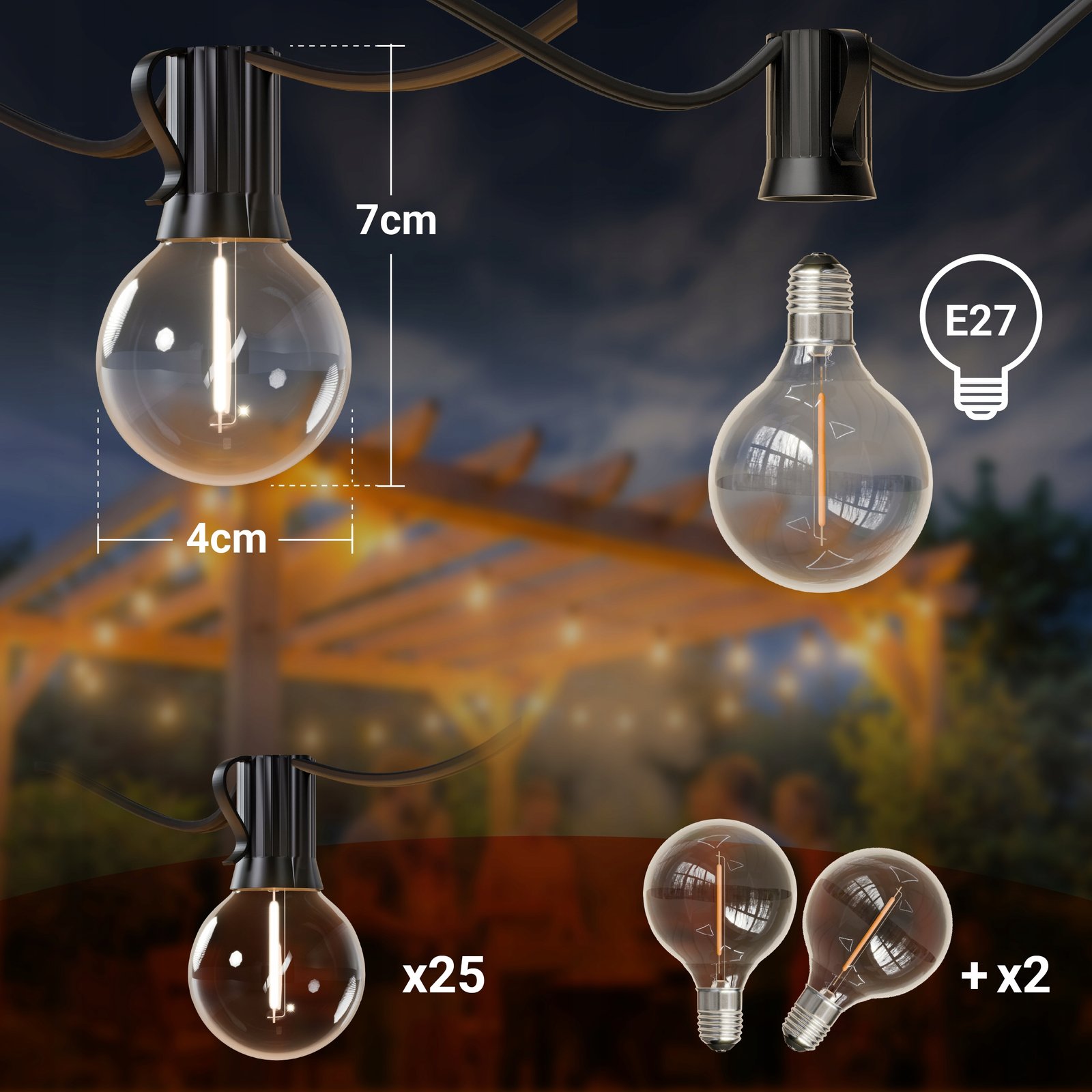 Girlanda Ogrodowa Świetlna 15M 25X Żarówka LED 1W Łańcuch + gratis 2X E12 - obrazek 5
