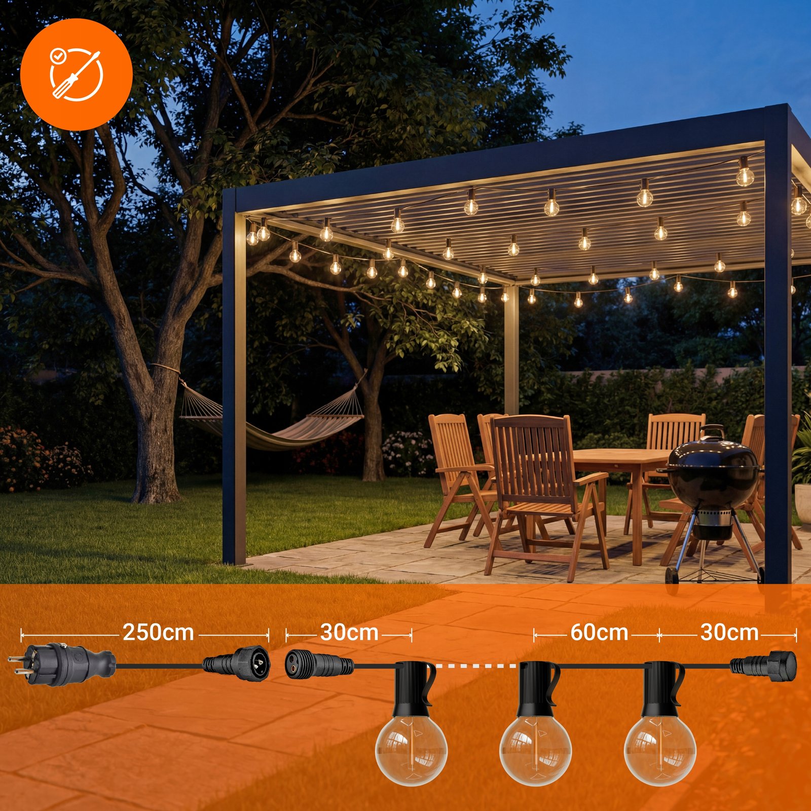Girlanda Ogrodowa Świetlna 15M 25X Żarówka LED 1W Łańcuch + gratis 2X E12 - obrazek 6