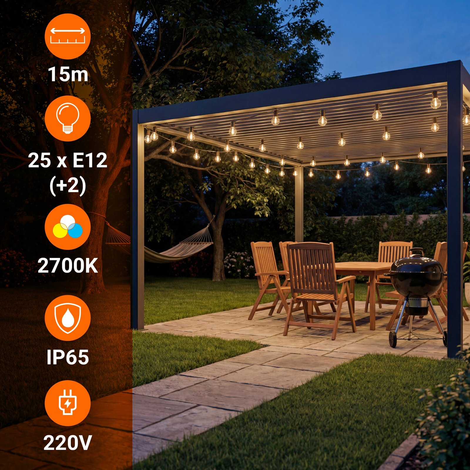 Girlanda Ogrodowa Świetlna 15M 25X Żarówka LED 1W Łańcuch + gratis 2X E12 - obrazek 2
