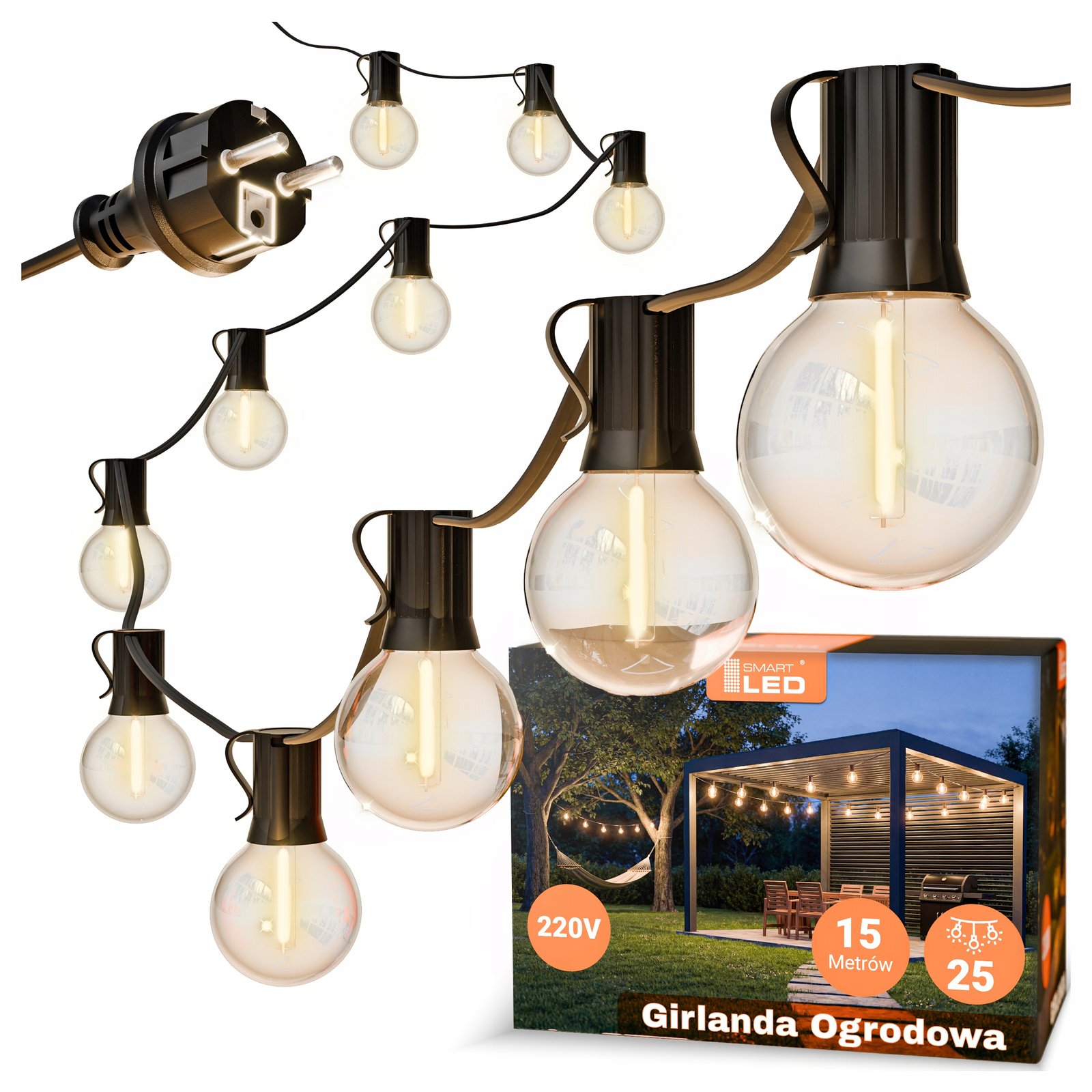 Girlanda Ogrodowa Świetlna 15M 25X Żarówka LED 1W Łańcuch + gratis 2X E12