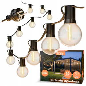 Girlanda Ogrodowa Świetlna 20M 20X Żarówka LED 1W Łańcuch + gratis 2X E12